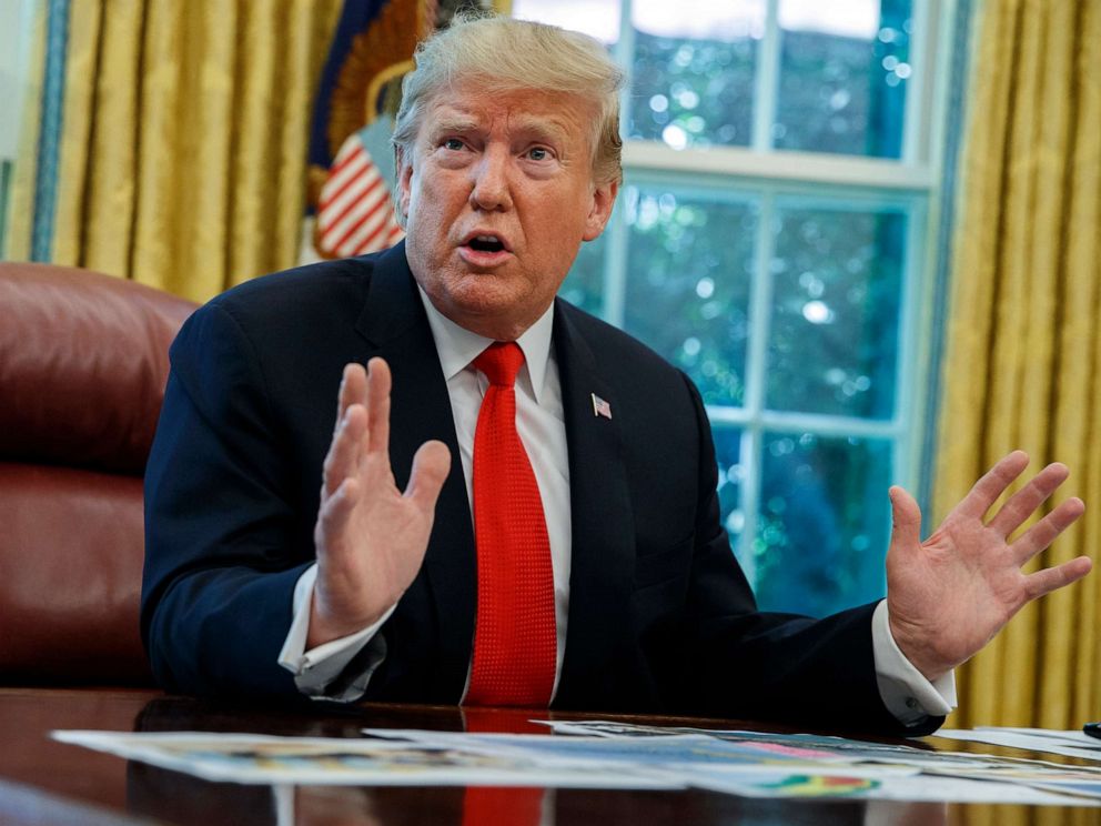 PHOTO: President Donald Trump talks with reporters after receiving a briefing on Hurricane Dorian in the Oval Office of the White House, Wednesday, Sept. 4, 2019, in Washington.