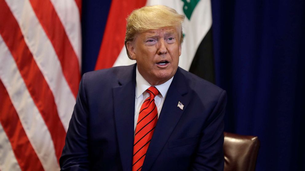 PHOTO: President Donald Trump speaks during a meeting with Iraqi President Barham Salih at the Lotte New York Palace hotel during the United Nations General Assembly, Tuesday, Sept. 24, 2019, in New York.