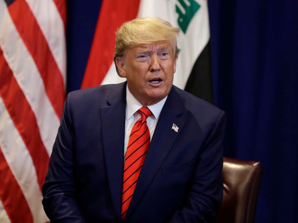 PHOTO: President Donald Trump speaks during a meeting with Iraqi President Barham Salih at the Lotte New York Palace hotel during the United Nations General Assembly, Tuesday, Sept. 24, 2019, in New York.