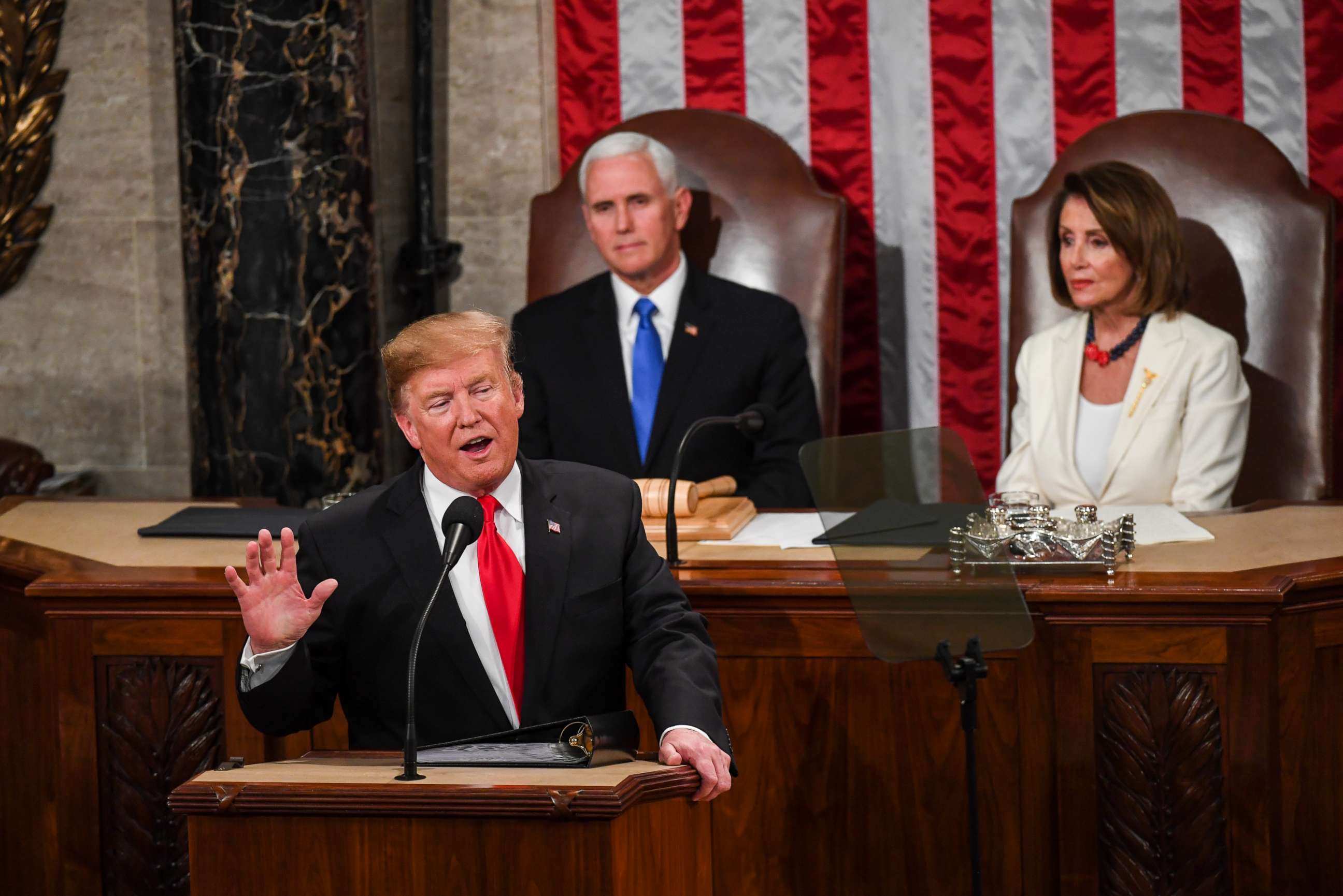 PHOTO: President Donald J. Trump, in front of Vice President Mike Pence and House Speaker Nancy Pelosi (D-Calif.) delivers his State of the Union address before members of Congress in the House chamber of the U.S. Capitol February 5, 2019 in Washington.