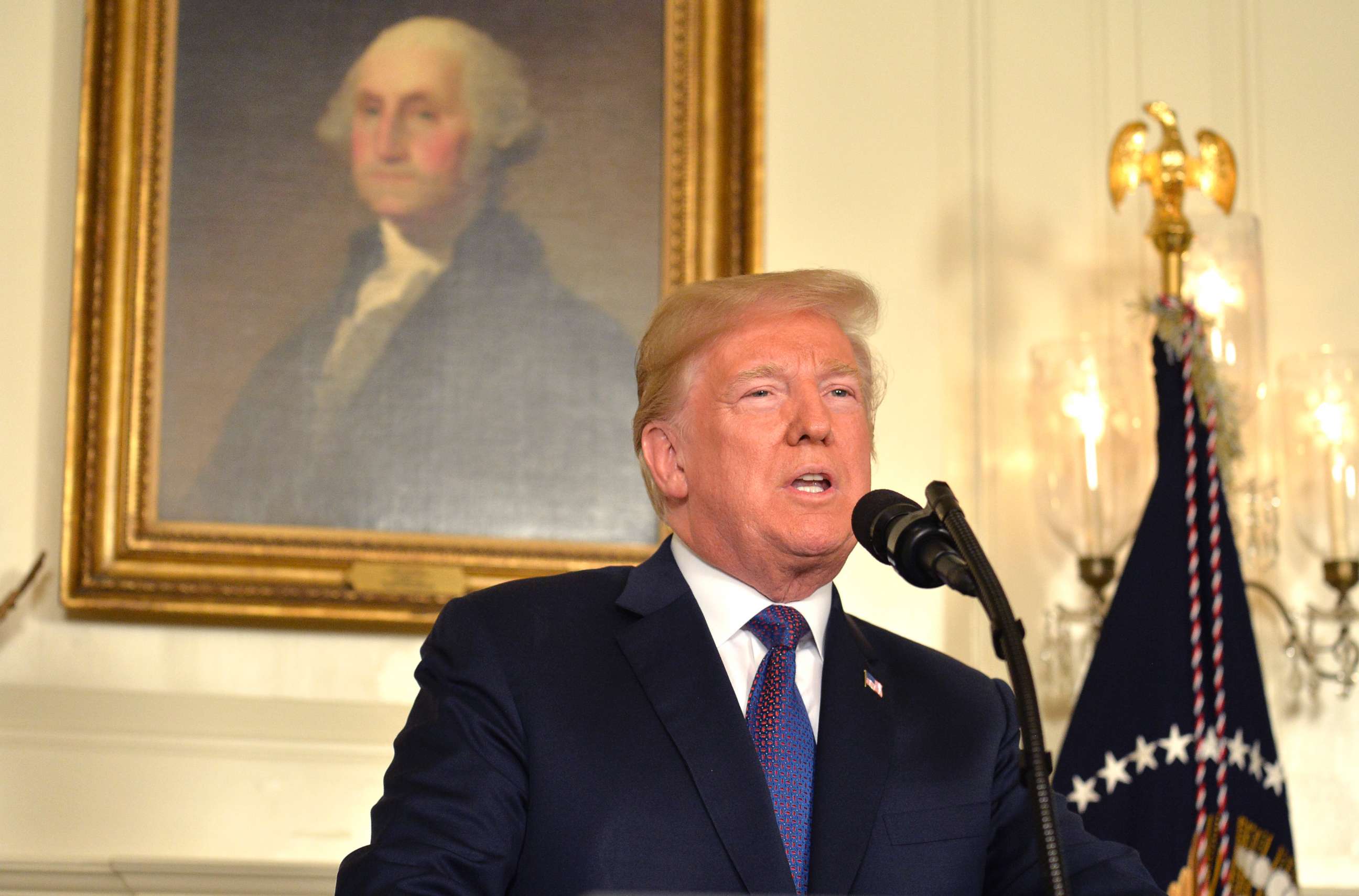 PHOTO: President Donald Trump makes remarks as he speaks to the nation, announcing military action against Syria for the recent apparent gas attack on its civilians, at the White House, on April 13, 2018, in Washington.