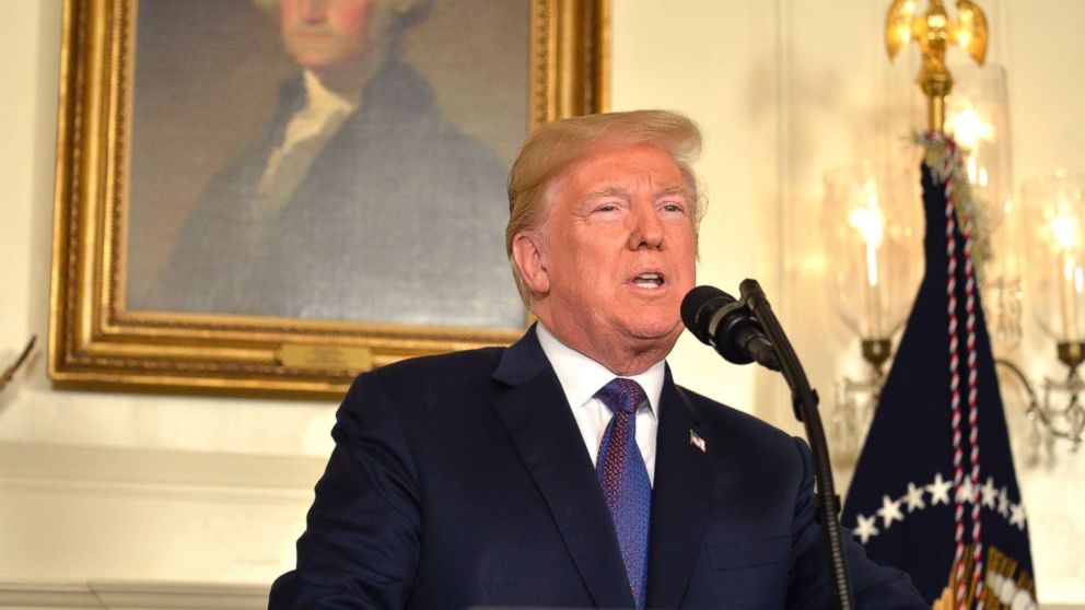 President Donald Trump makes remarks as he speaks to the nation, announcing military action against Syria for the recent apparent gas attack on its civilians, at the White House, on April 13, 2018, in Washington.