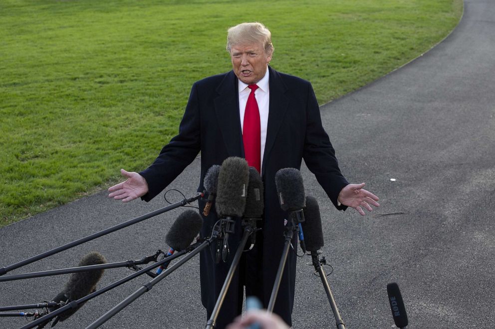 PHOTO: U.S. President Donald Trump speaks to members of the media before boarding Marine One on the South Lawn of the White House in Washington, D.C., U.S., on Monday, Nov. 4, 2019.