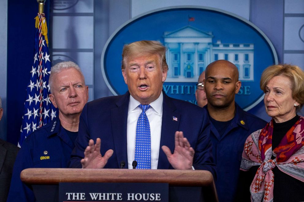 PHOTO: U.S. President Donald Trump speaks to the media in the press briefing room at the White House on March 15, 2020 in Washington, DC.
