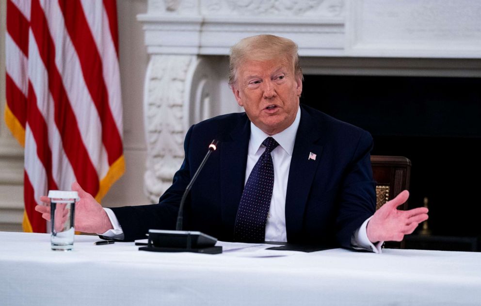 PHOTO: Donald Trump makes remarks as he participates in a roundtable with law enforcement officials in the State Dining Room of the White House, June, 8, 2020 in Washington.