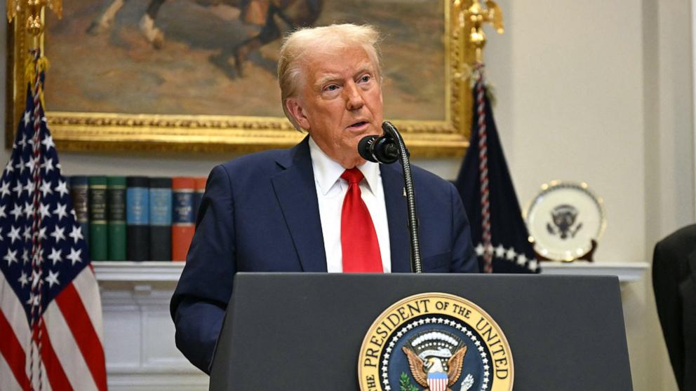 PHOTO: President Donald Trump speaks in the Roosevelt Room at the White House, on Jan. 21, 2025, in Washington, D.C.