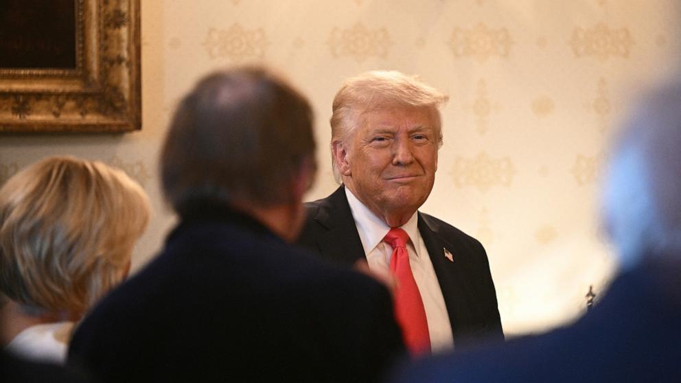 PHOTO: President Donald Trump attends an Easter prayer service and dinner in the Blue Room of the White House in Washington, D.C., on April 16, 2025.