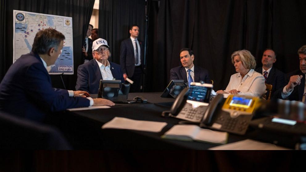 PHOTO: President Donald Trump and his team momintor U.S. strikes in Iran, on Feb. 28, 2026.