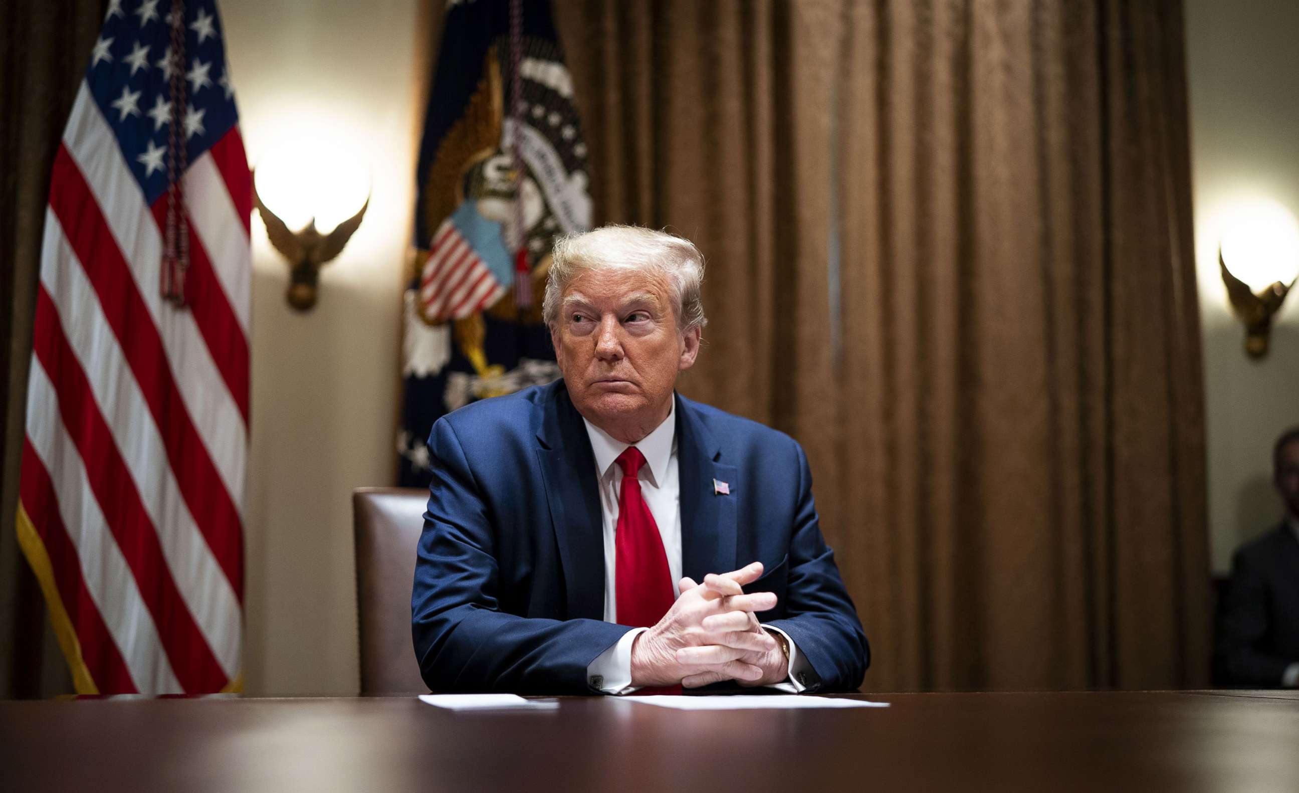 PHOTO: President Donald Trump makes remarks during a meeting with Healthcare Executives in the Cabinet Room of the White House, April 14, 2020, in Washington D.C. 