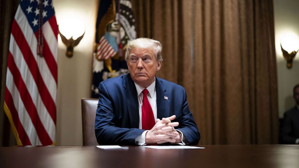 PHOTO: President Donald Trump makes remarks during a meeting with Healthcare Executives in the Cabinet Room of the White House, April 14, 2020, in Washington D.C. 