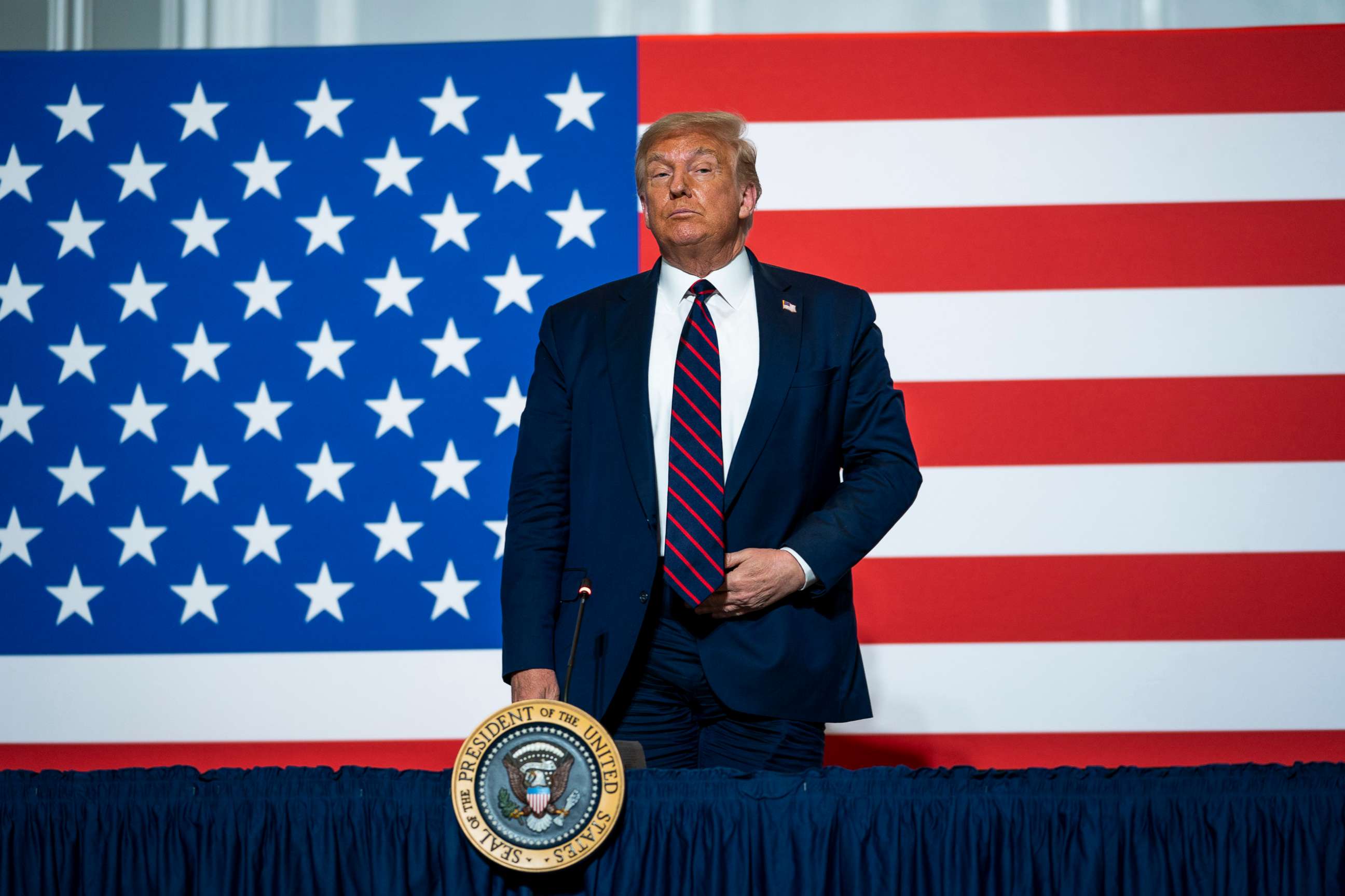 PHOTO: President Donald Trump participates in a roundtable on donating plasma at the American Red Cross national headquarters in Washington, July 30, 2020.