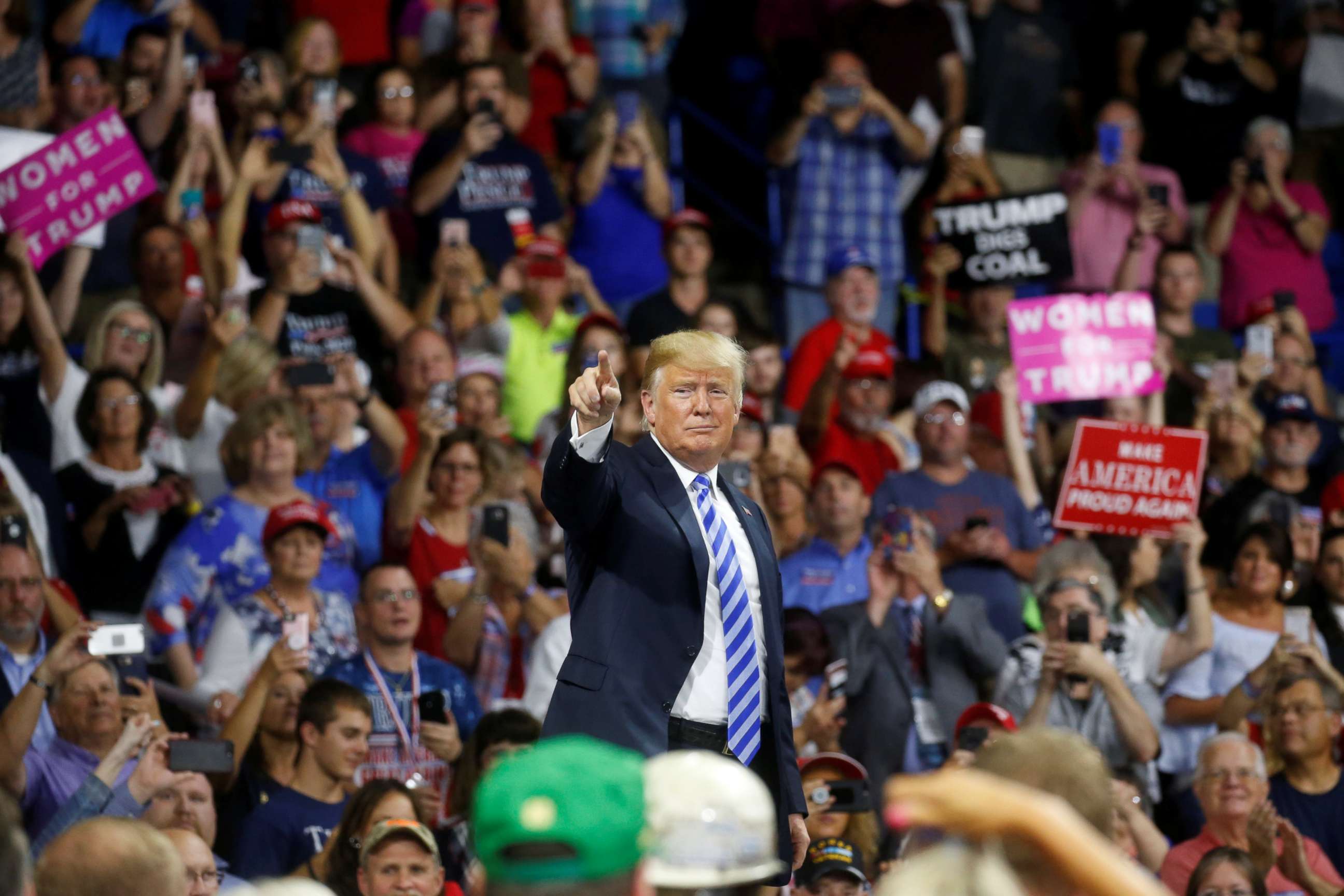 PHOTO: Donald Trump acknowledges supporters during a Make America Great Again rally at the Civic Center in Charleston, West Virginia, Aug. 21, 2018.