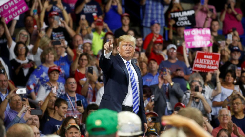PHOTO: Donald Trump acknowledges supporters during a Make America Great Again rally at the Civic Center in Charleston, West Virginia, Aug. 21, 2018.