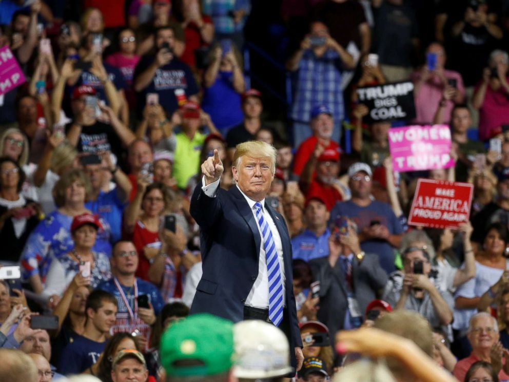 PHOTO: Donald Trump acknowledges supporters during a Make America Great Again rally at the Civic Center in Charleston, West Virginia, Aug. 21, 2018.