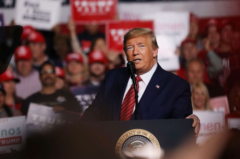 PHOTO: President Donald Trump appears at a rally on the eve of the South Carolina primary on Feb. 28, 2020 in North Charleston, S.C.