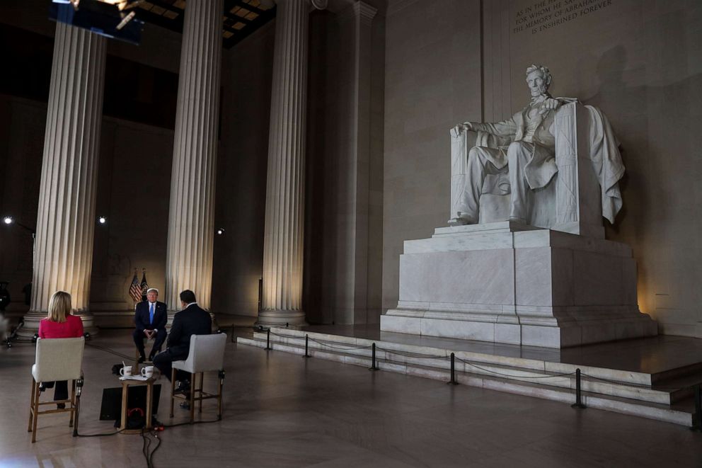 PHOTO: President Donald Trump speaks during a Virtual Town Hall inside of the Lincoln Memorial in Washington, DC., on May 3, 2020.

(Photo by Oliver Contreras/SIPA USA)   (Newscom TagID: sipaphotosten755919.jpg) [Photo via Newscom]