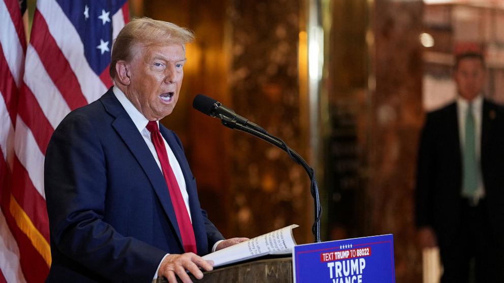 PHOTO: Republican presidential nominee and former President Donald Trump speaks to the press at Trump Tower in New York, on Sept. 26, 2024. 