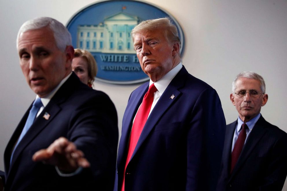 PHOTO: Vice President Mike Pence gestures to a monitor as speaks about the coronavirus in the James Brady Press Briefing Room of the White House, Tuesday, March 31, 2020, in Washington.