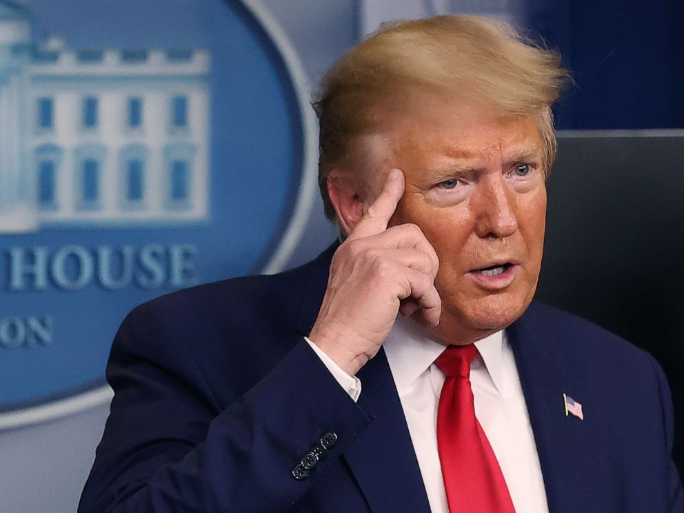 PHOTO: President Donald Trump speaks to reporters following a meeting of his coronavirus task force in the Brady Press Briefing Room at the White House on April 6, 2020 in Washington, DC.