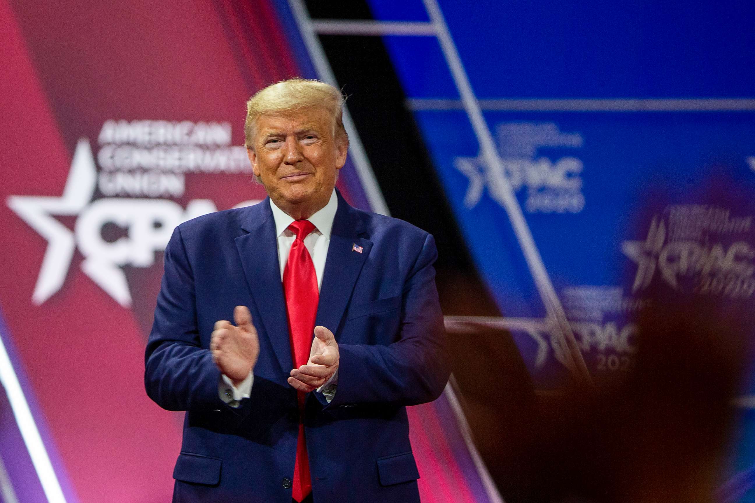 PHOTO: President Donald Trump acknowledges the crowd during the annual Conservative Political Action Conference (CPAC) at Gaylord National Resort & Convention Center February 29, 2020 in National Harbor, Maryland.