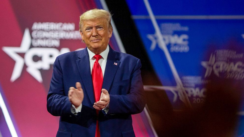 PHOTO: President Donald Trump acknowledges the crowd during the annual Conservative Political Action Conference (CPAC) at Gaylord National Resort & Convention Center February 29, 2020 in National Harbor, Maryland.