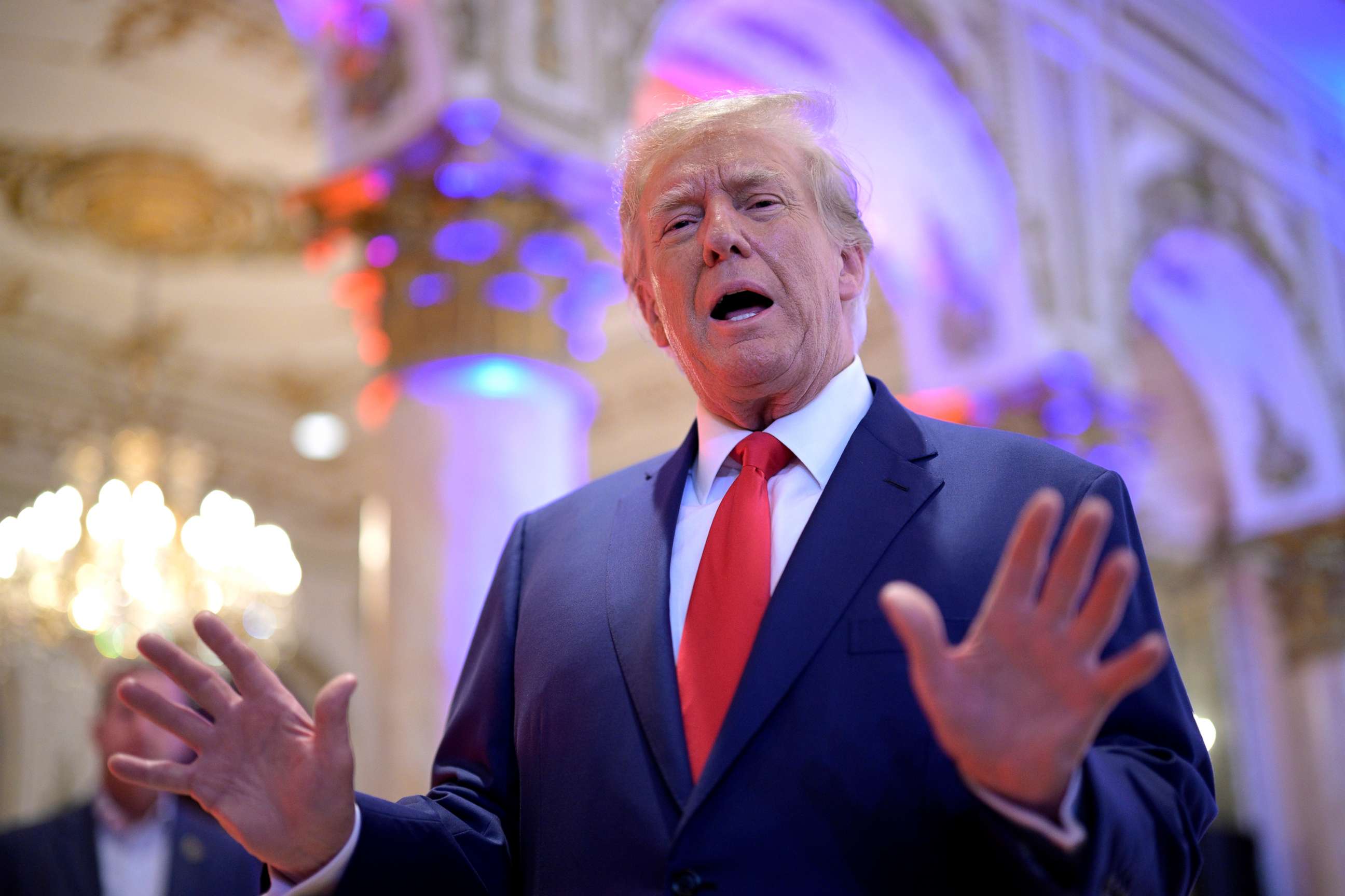 PHOTO: In this Nov. 8, 2022, file photo, former President Donald Trump answers questions from reporters during an election night party at Mar-a-Lago, in Palm Beach, Fla.