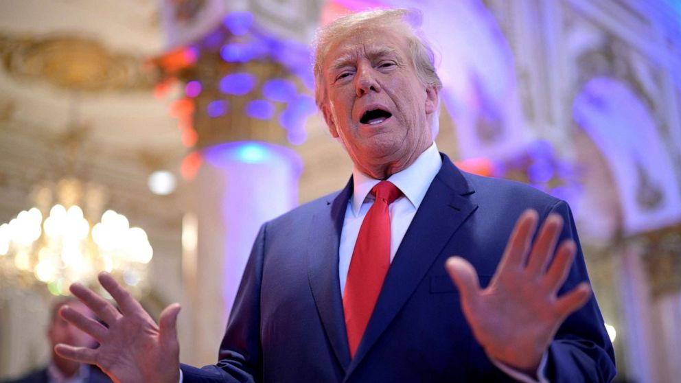 PHOTO: Former President Donald Trump answers questions from reporters during an election night party at Mar-a-Lago, on Nov. 8, 2022, in Palm Beach, Fla.
