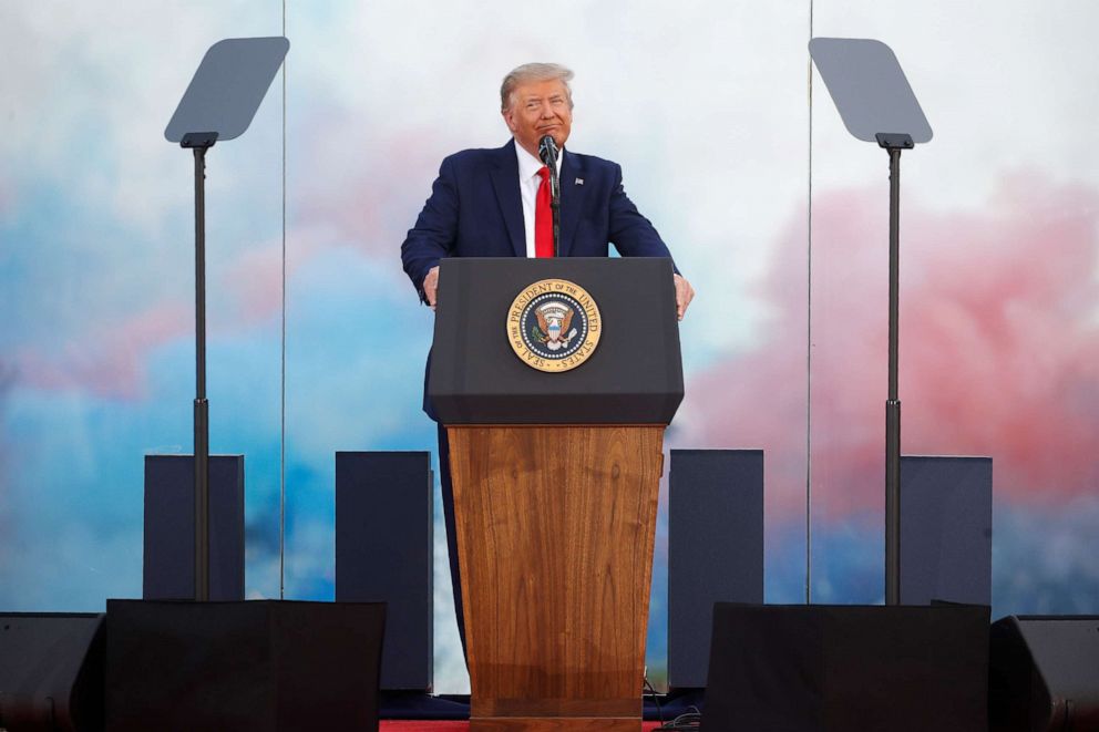 PHOTO: President Donald Trump speaks during a "Salute to America" event on the South Lawn of the White House, Saturday, July 4, 2020, in Washington.