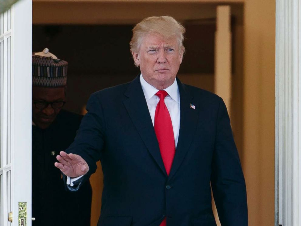 PHOTO: President Donald Trump and Nigerian President Muhammadu Buhari walk from the Oval Office before a news conference in the Rose Garden of the White House, April 30, 2018.