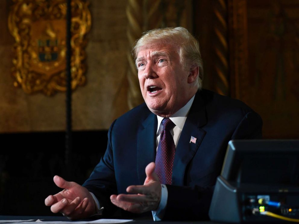 PHOTO: President Donald Trump speaks with reporters at his Mar-a-Lago estate in Palm Beach, Fla., Nov. 22, 2018.