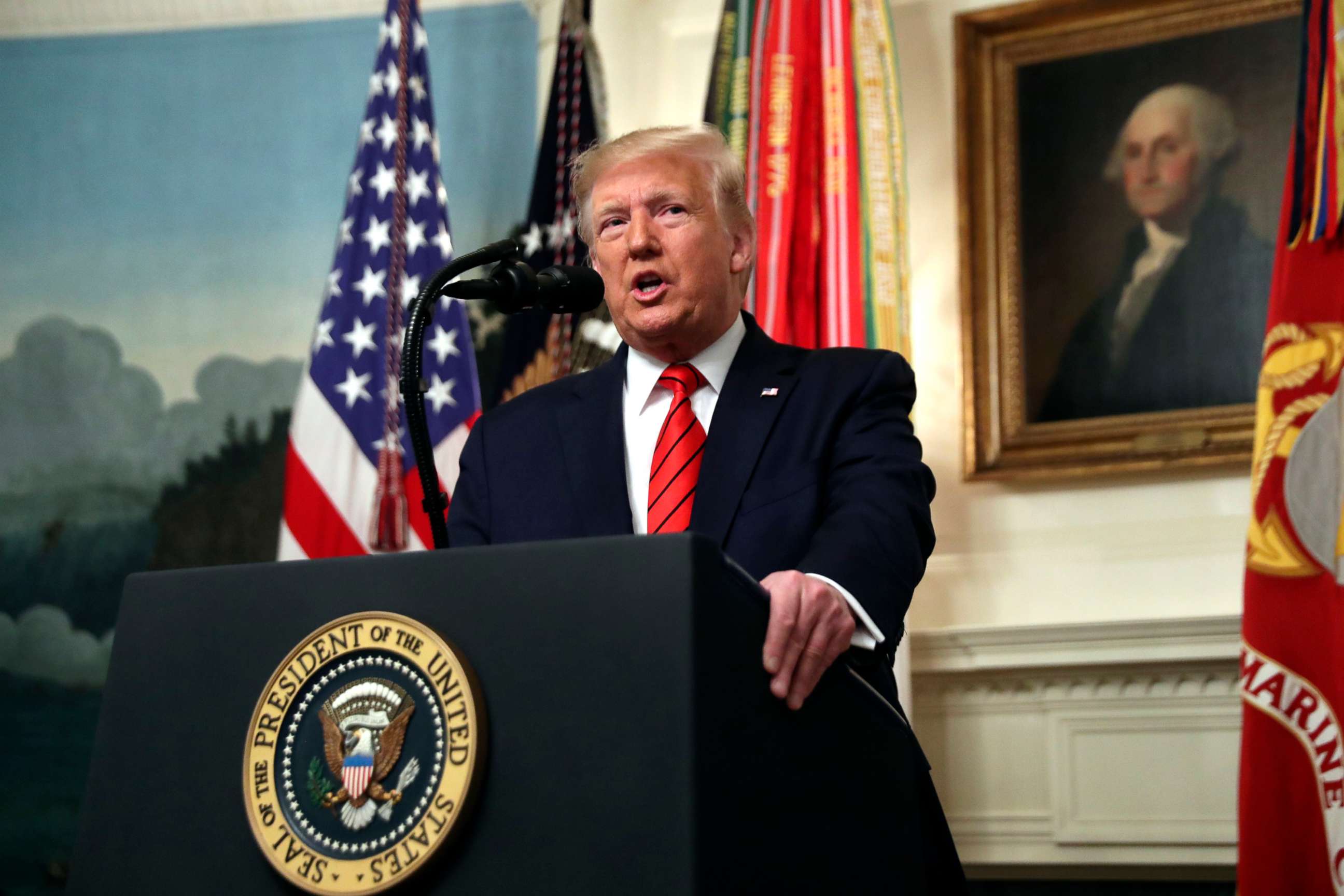 PHOTO: President Donald Trump speaks in the Diplomatic Room of the White House, Oct. 27, 2019.