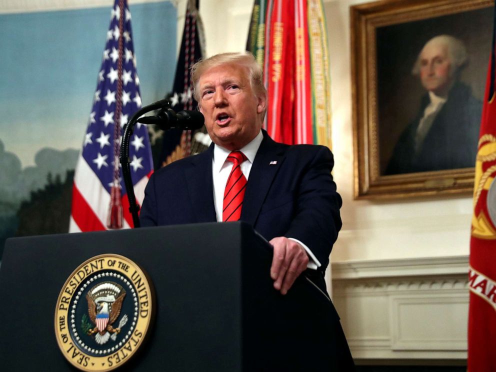 PHOTO: President Donald Trump speaks in the Diplomatic Room of the White House, Oct. 27, 2019.