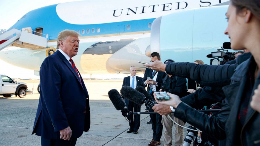 PHOTO: President Donald Trump talks to reporters before boarding Air Force One for a trip to Chicago to attend the International Association of Chiefs of Police Annual Conference and Exposition, Oct. 28, 2019, in Andrews Air Force Base, Md.