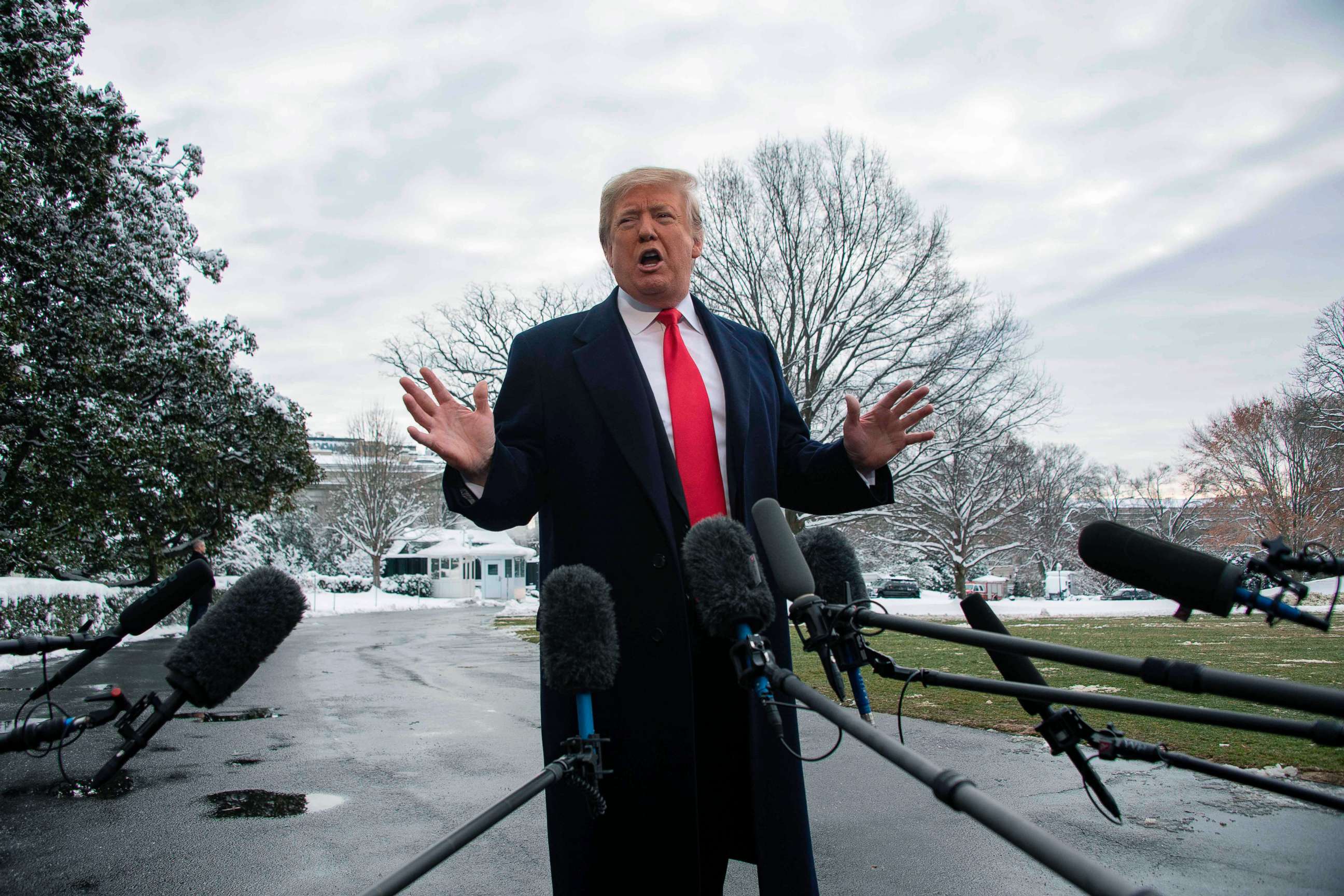 PHOTO: President Donald Trump speaks to the media as he departs the White House, Jan. 14, 2019, en route to New Orleans to address the annual American Farm Bureau Federation convention