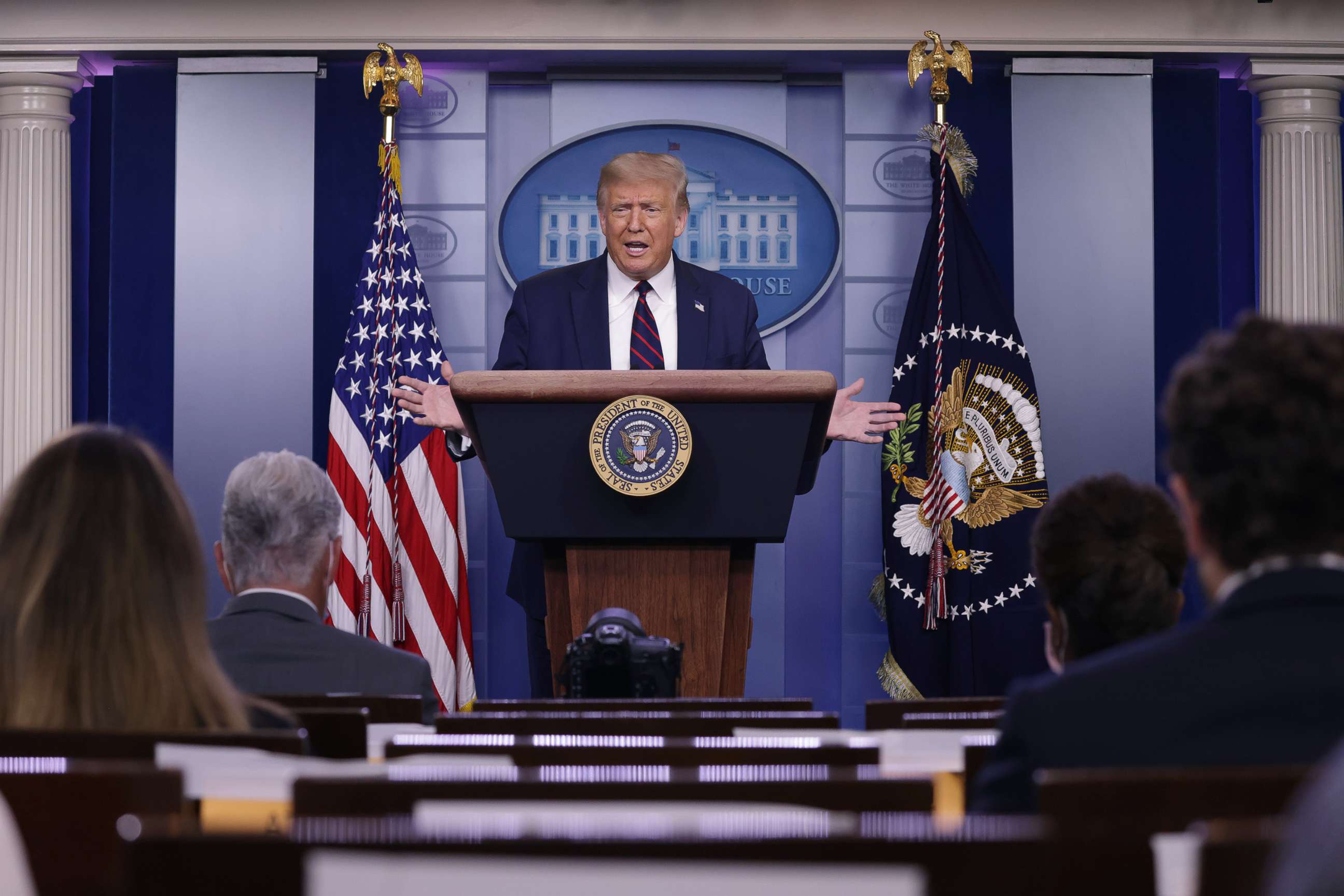 PHOTO: President Donald Trump speaks during a news conference in the James Brady Briefing Room of the White House, July 30, 2020.