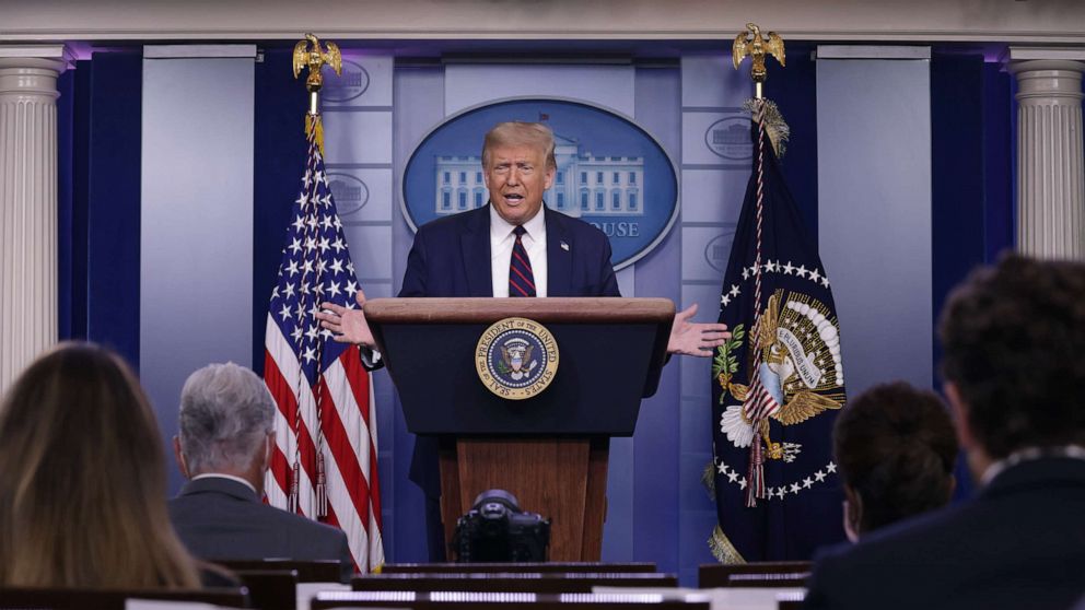 PHOTO: President Donald Trump speaks during a news conference in the James Brady Briefing Room of the White House, July 30, 2020.