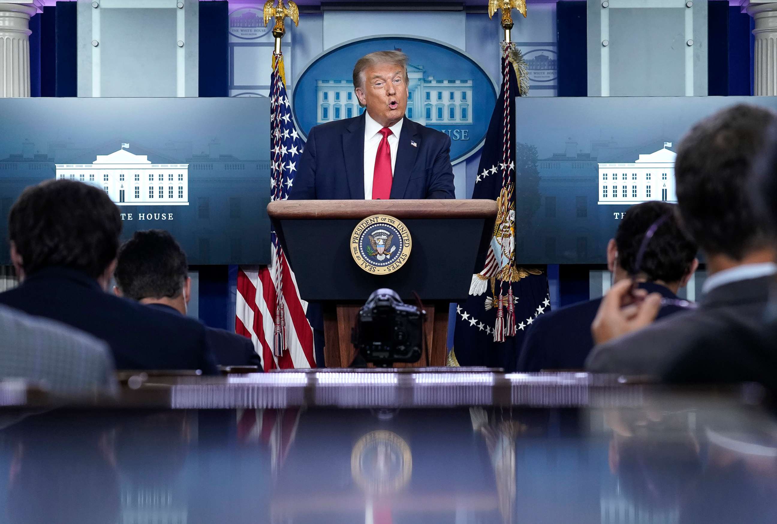 PHOTO: President Donald Trump speaks during a news conference in the James Brady Press Briefing Room of the White House, Aug. 3, 2020, in Washington, D.C. 