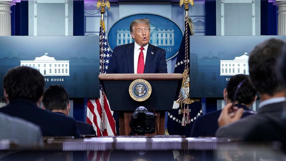 PHOTO: President Donald Trump speaks during a news conference in the James Brady Press Briefing Room of the White House, Aug. 3, 2020, in Washington, D.C. 