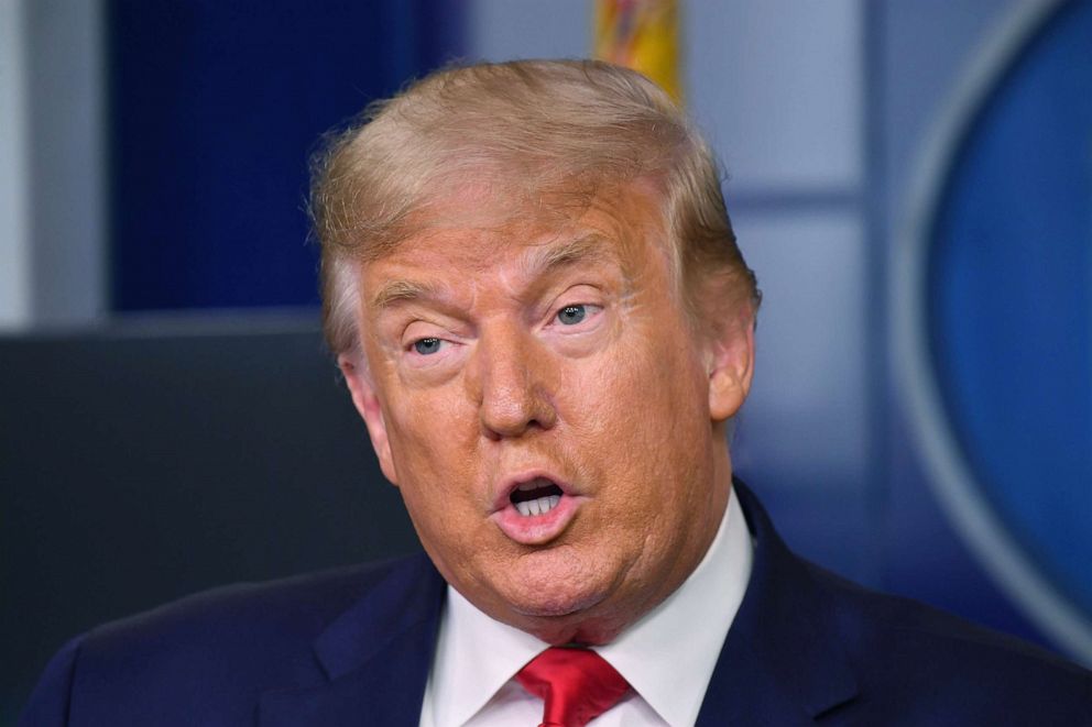 PHOTO: President Donald Trump speaks to the press in the Brady Briefing Room of the White House, Aug. 14, 2020. 