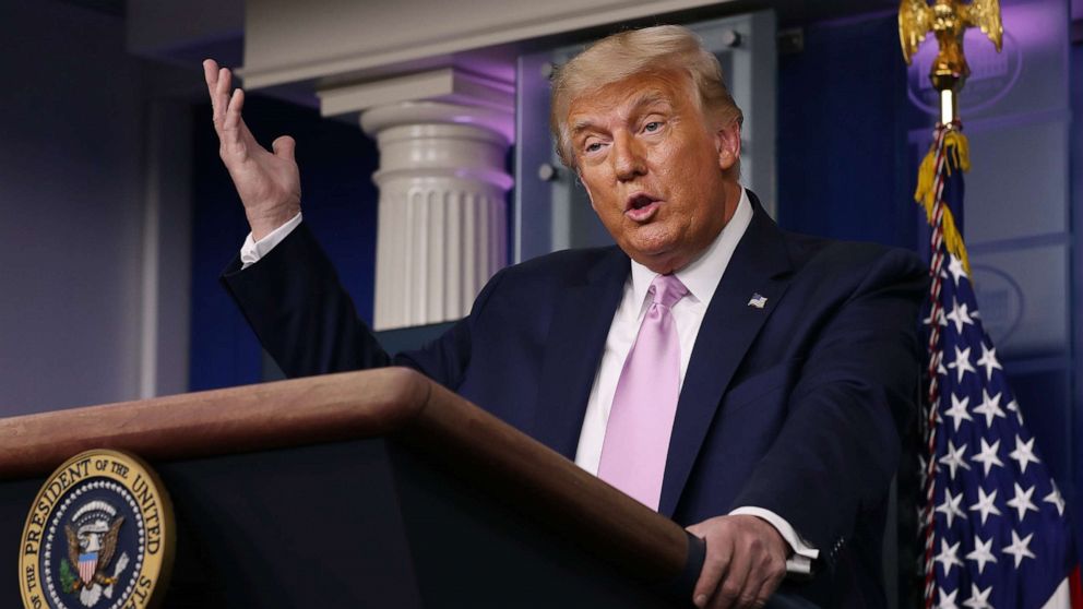 PHOTO: President Donald Trump holds a news conference in the Brady Press Briefing Room at the White House, Aug. 19, 2020.