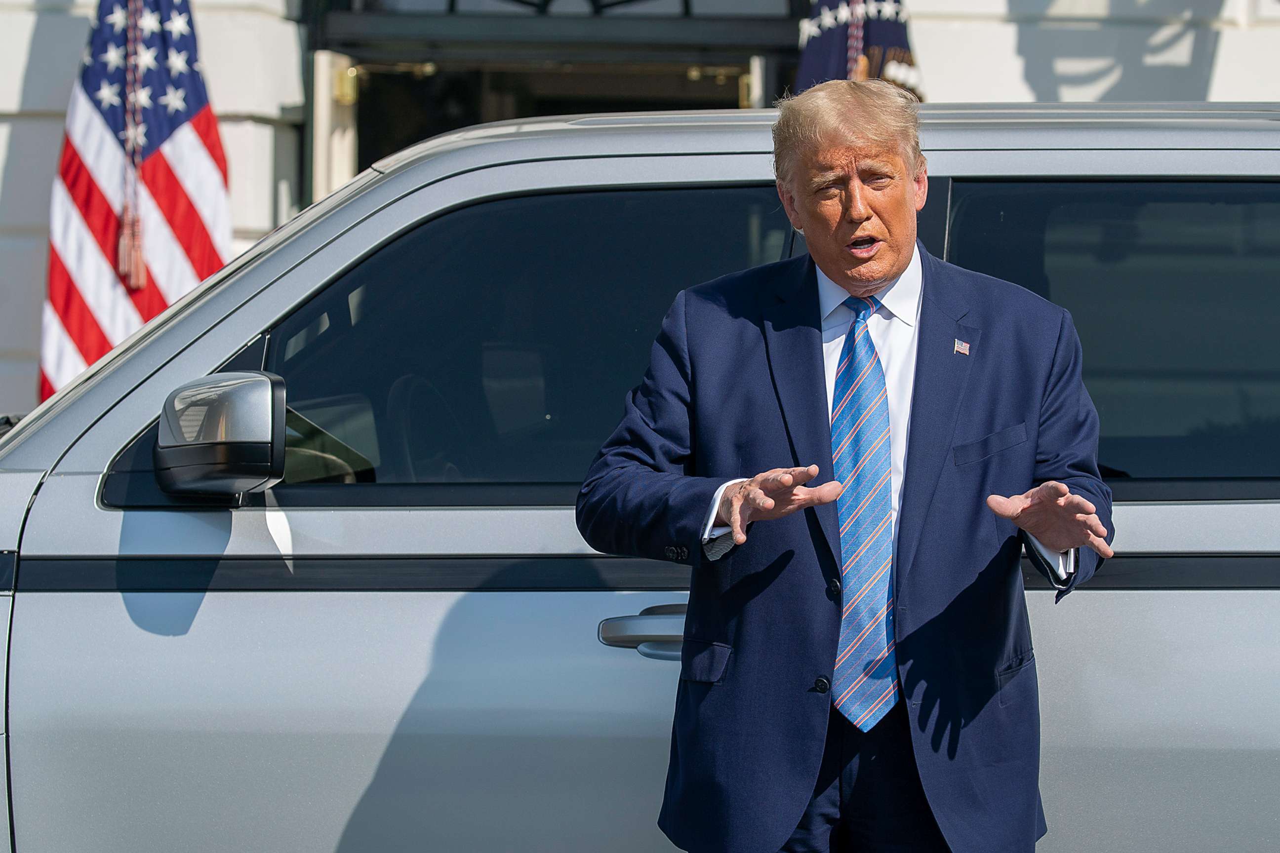 PHOTO: President Donald Trump talks about the new Endurance all-electric pickup truck on the south lawn of the White House, Sept. 28, 2020.