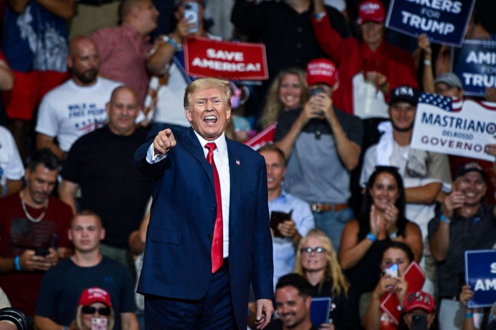 PHOTO: Former President Donald Trump speaks during a campaign rally supporting Doug Mastriano for Governor of Pennsylvania and Mehmet Oz for U.S. Senate at Mohegan Sun Arena in Wilkes-Barre, Pennsylvania on September 3, 2022 .