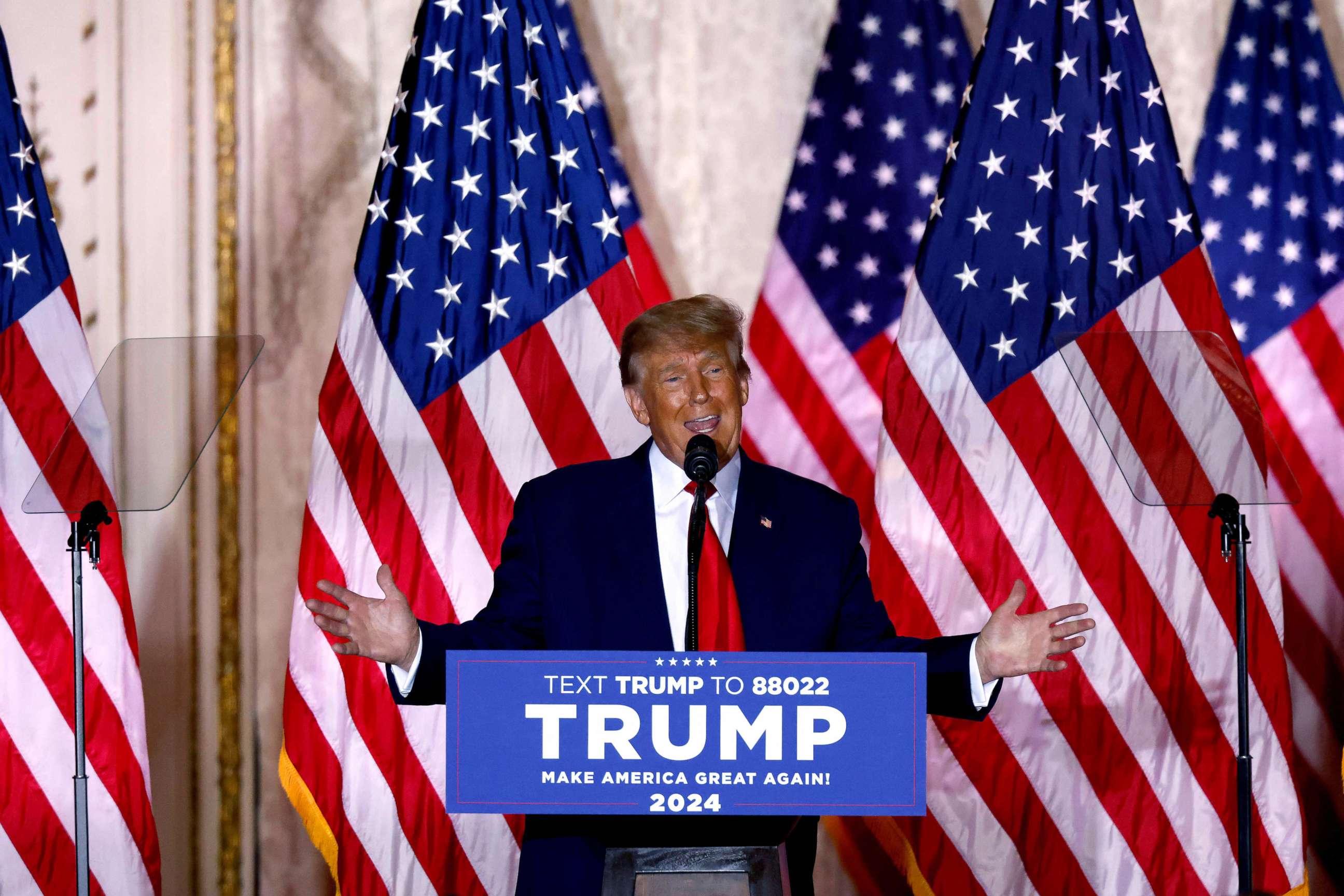 PHOTO: Former President Donald Trump speaks at the Mar-a-Lago Club in Palm Beach, Fla., Nov. 15, 2022. 