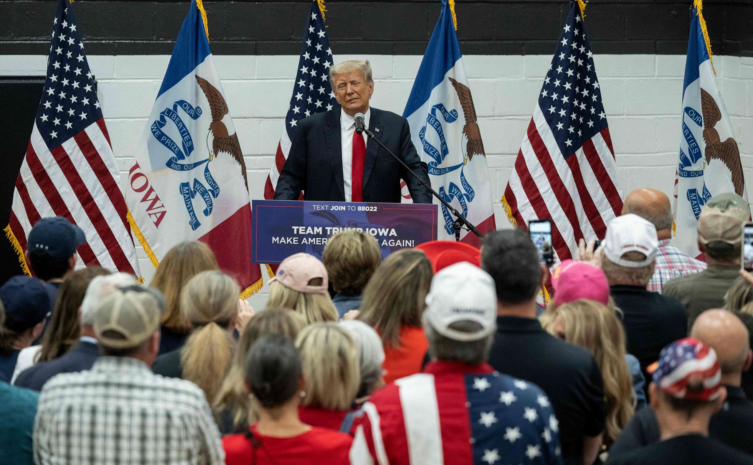PHOTO: Former President and 2024 Presidential hopeful Donald Trump speaks during a Team Trump Volunteer Leadership Training at the Grimes Community Center in Grimes, Iowa, June 1, 2023.