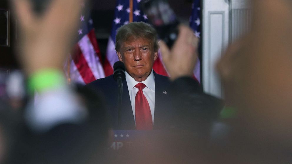 PHOTO: Former President Donald Trump speaks to supporters at Trump National Golf Club in Bedminster following his appearance in a Miami court, June 13, 2023, in Bedminster, N.J.