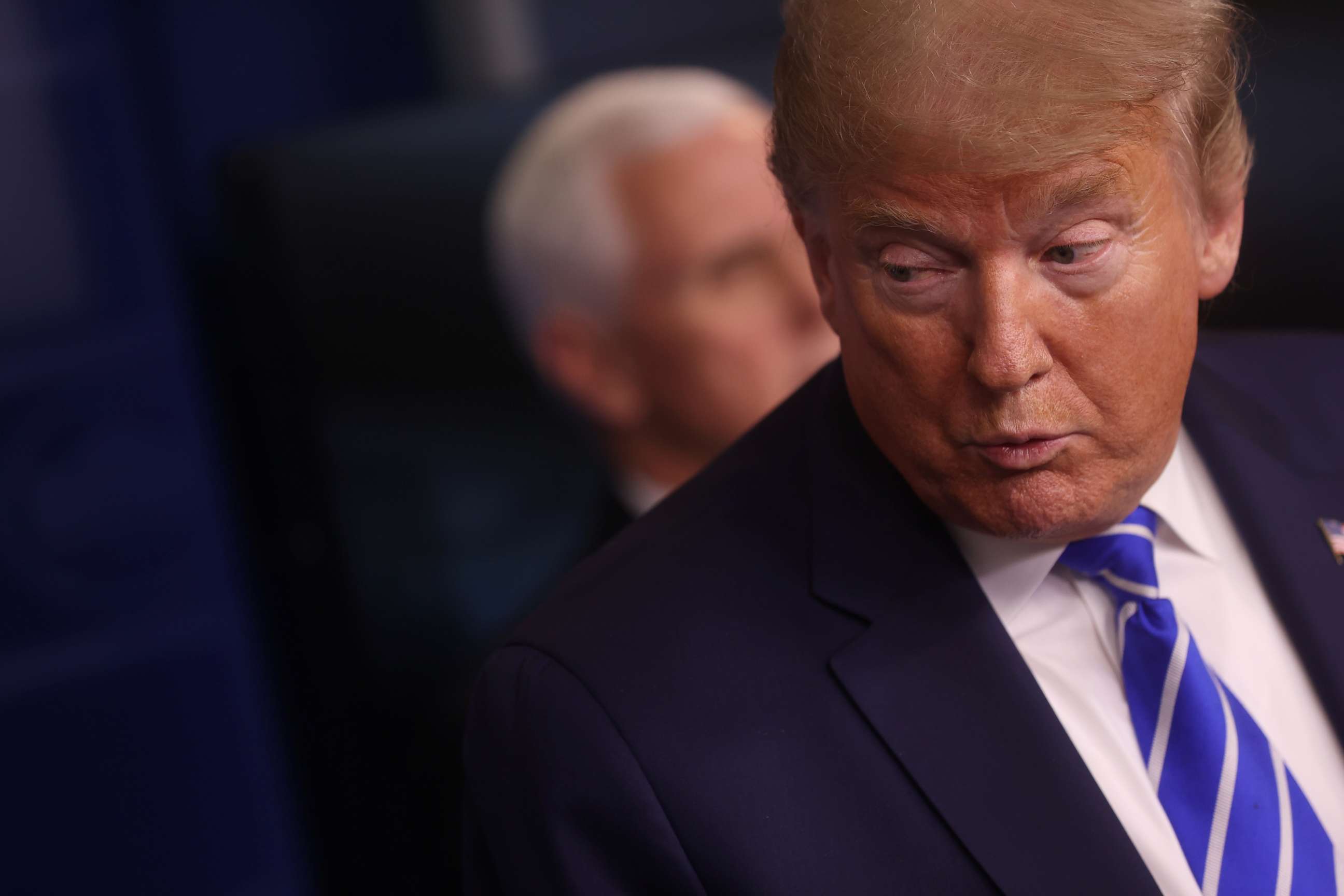 PHOTO: President Donald Trump arrives with Vice President Mike Pence to lead the daily coronavirus task force briefing at the White House in Washington, April 23, 2020.