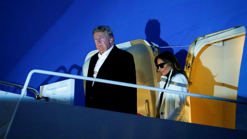 PHOTO:President Donald Trump and first lady Melania Trump arrive aboard Air Force One after returning from a two-day trip to India, at Joint Base Andrews in Md., Feb. 26, 2020. 