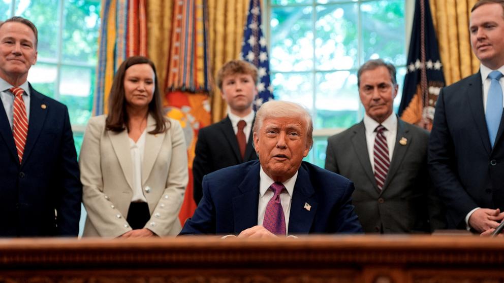 PHOTO: President Donald Trump sits inside the Oval Office of the White House to sign executive orders, May 9, 2025.