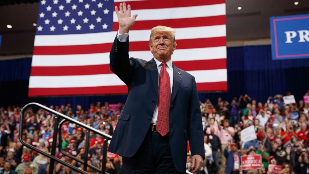PHOTO: President Donald Trump arrives for a campaign rally at the Mayo Civic Center, Oct. 4, 2018, in Rochester, Minn. 