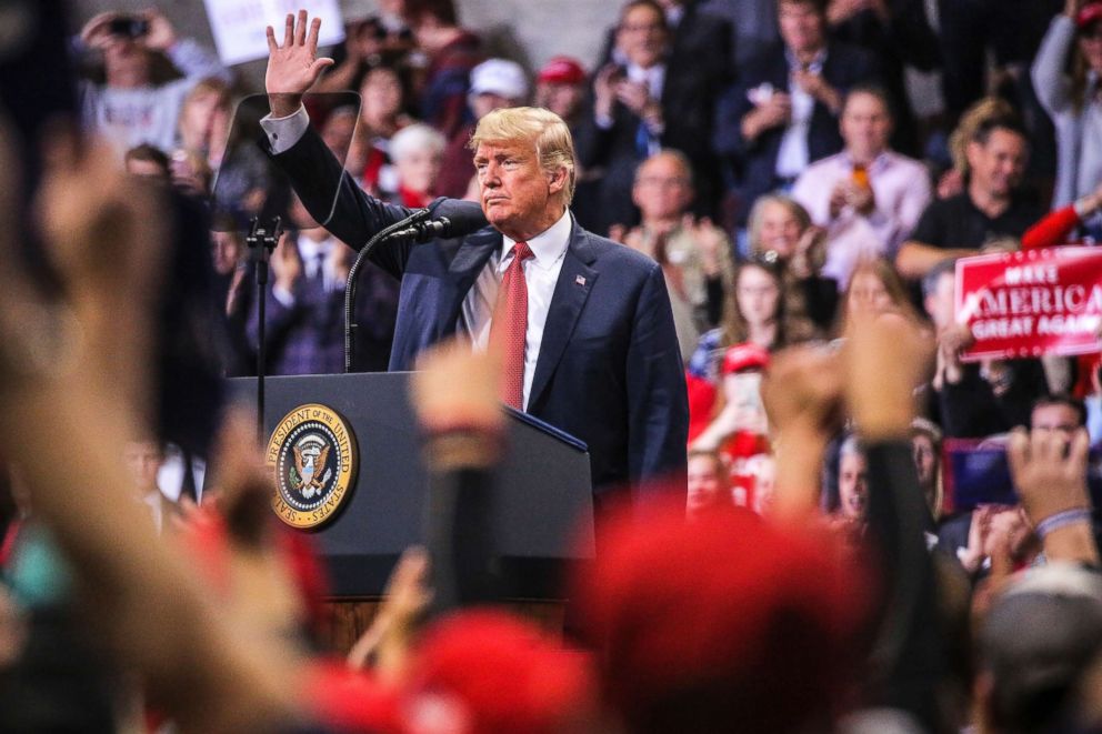 PHOTO: President Donald Trump waves after speaking at a rally, Oct. 4, 2018, at the Mayo Civic Center in Rochester, Minn. 